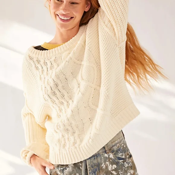 NEW Free People Dream Cable Crewneck Sweater In Cream - Picture 8 of 8